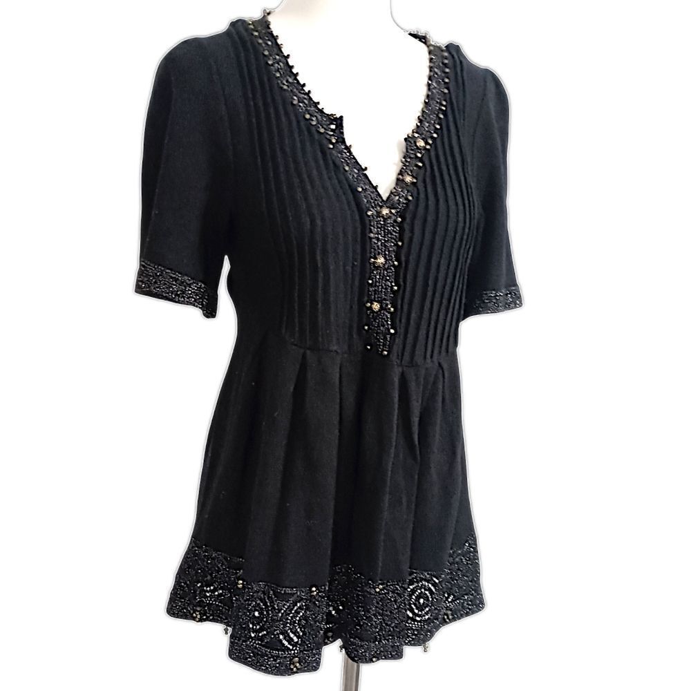 Y2K Knitted Knotted Linen Blend‎ Babydoll Sweater Top XS Whimsigoth Black Beaded